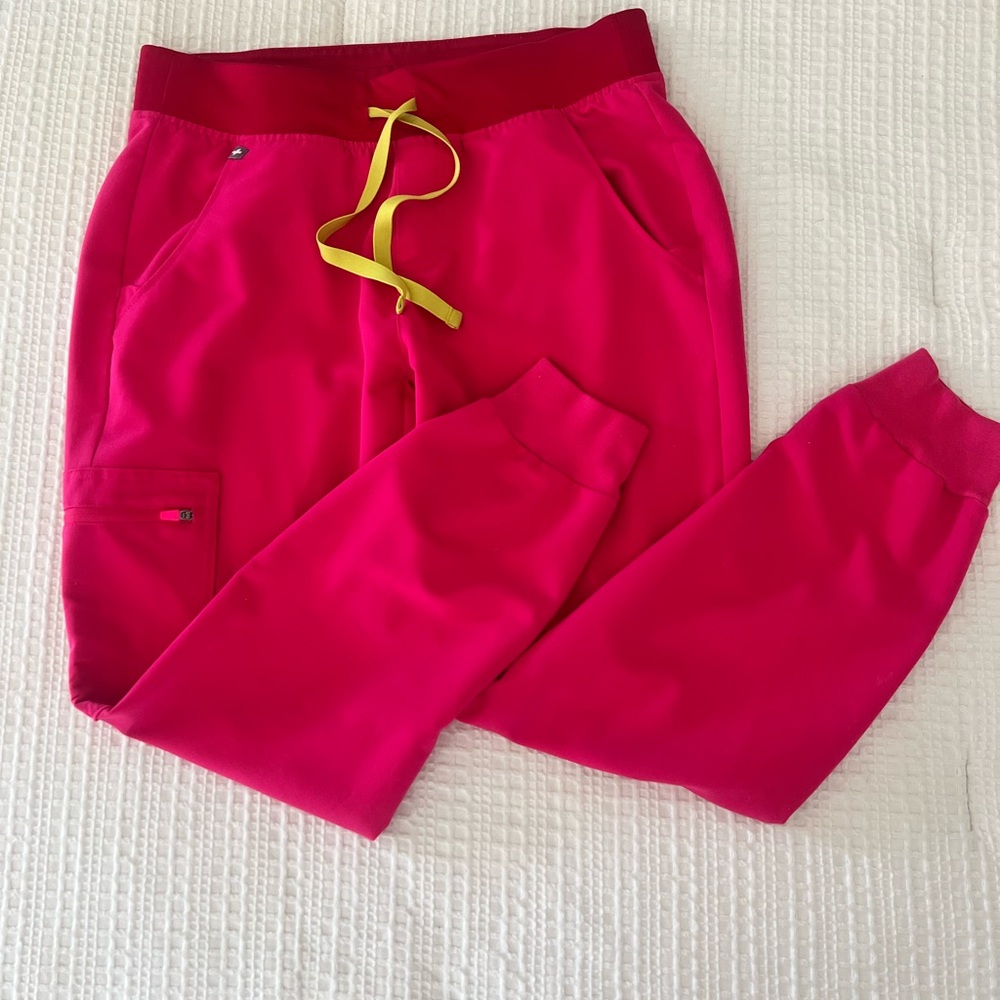 FIGS Hot Pink Scrub Joggers with Yellow Drawcord